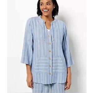 Isaac Mizrahi Live! Women's Linen Blend Blue Stripe Button Top - Size Small